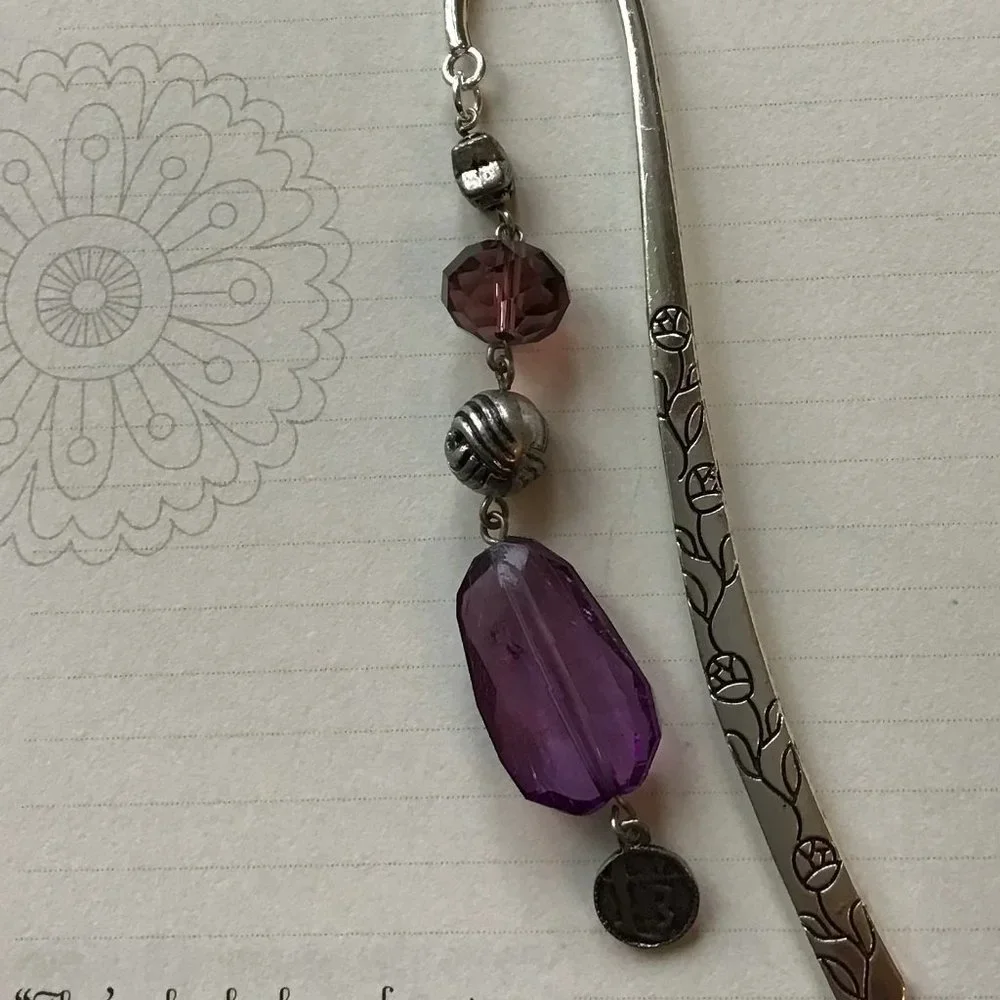 Tibetan Metal Bookmark Flower‎ Engraved Silver and Purple Beaded Hook Bookmark